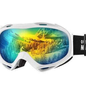 White Ski Goggles with Mirrored Blue-Green Lens